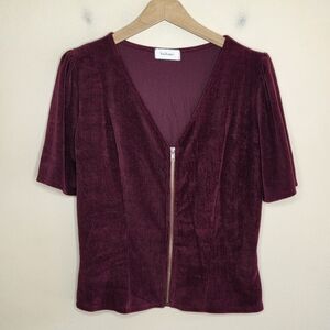 Bohme | Fitted Ribbed Velour Zip Front Burgundy Top Size Large